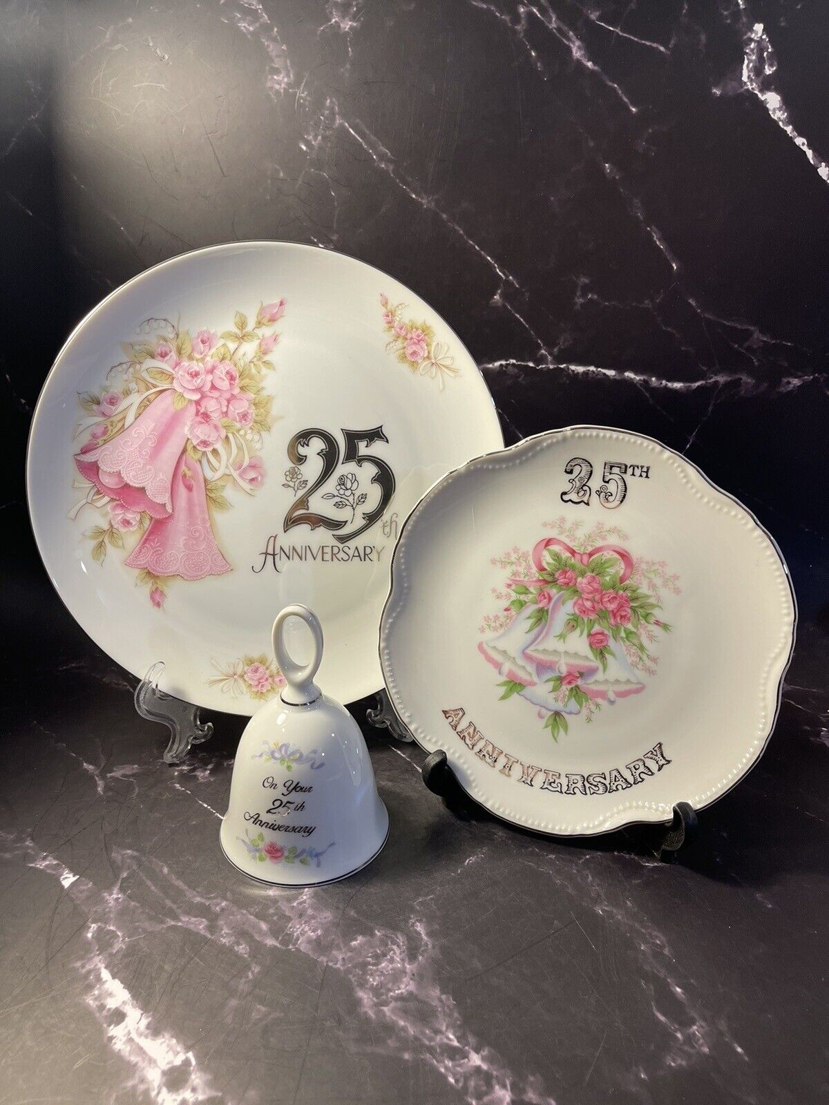 Vintage 25th Anniversary Plates & Bell Roses Silver Letter & Trim 9.25 in, 7 in