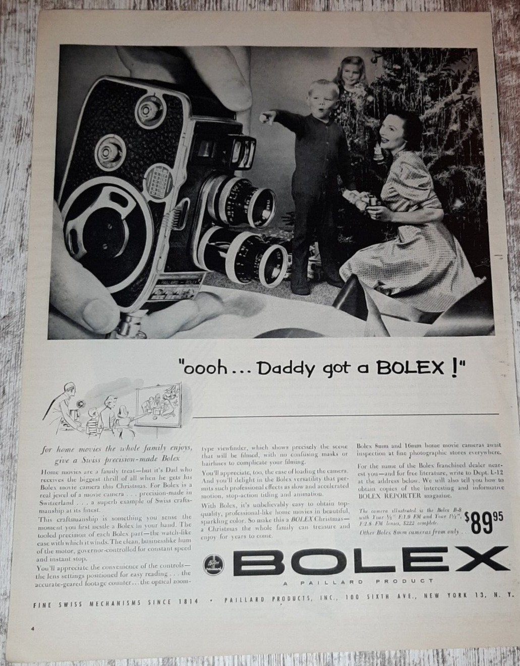 1956 Bolex Vintage Print Ad Camera Home Movies Mother Son Daughter Christmas B&W