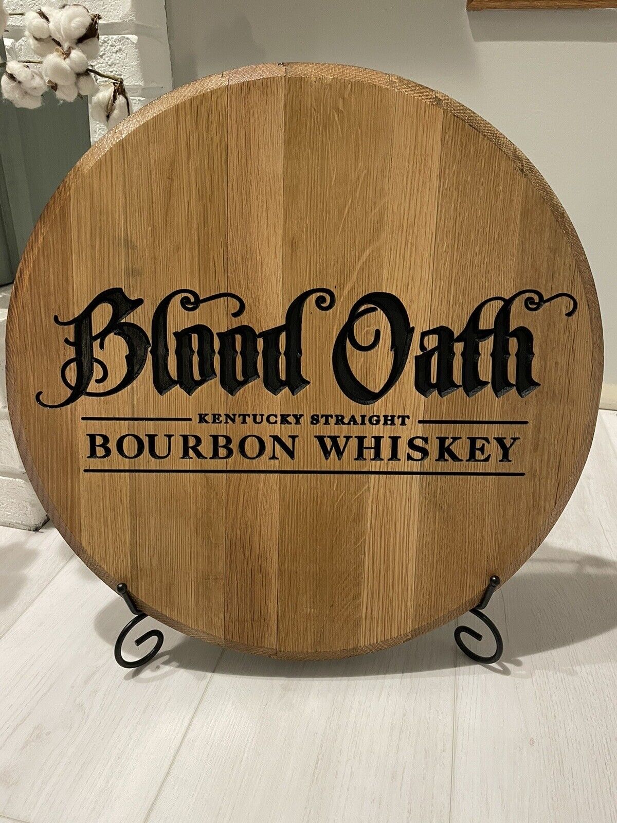 Blood Oath Lux Row Bourbon Barrel Head/ KY Bourbon Barrel Whiskey Head -Carved