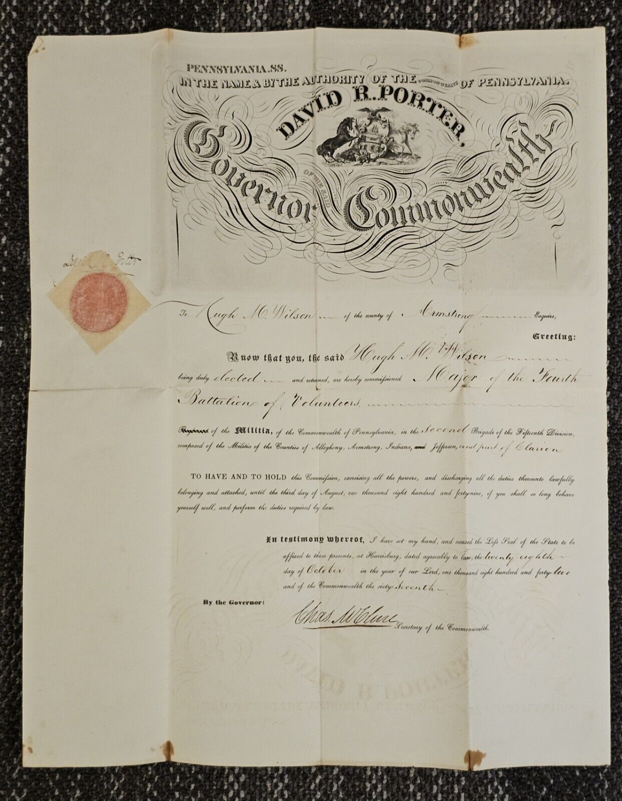 1842 Commission Maj Hugh M Wilson 4th Batillion Vols Pennsylvania Gov Sign/ Seal