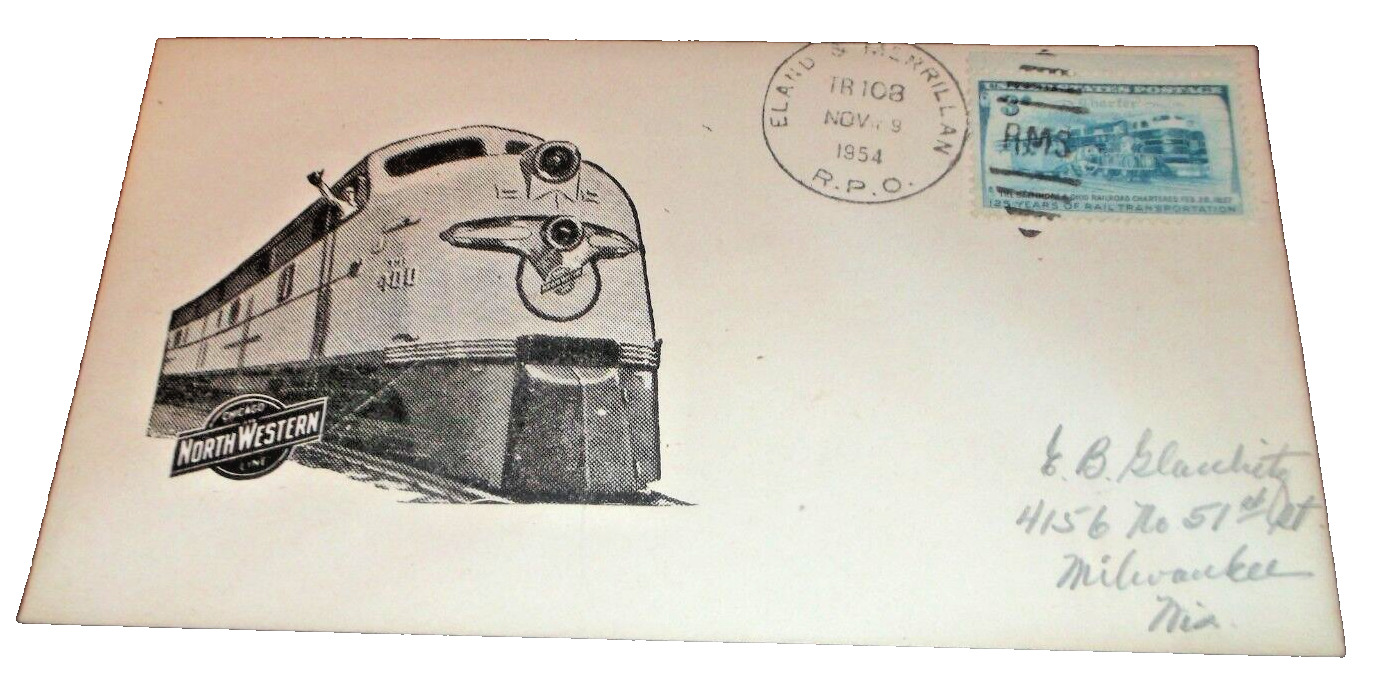 NOVEMBER 1954 C&NW ENVELOPE TRAIN #108 ELAND & MERRILLON RPO