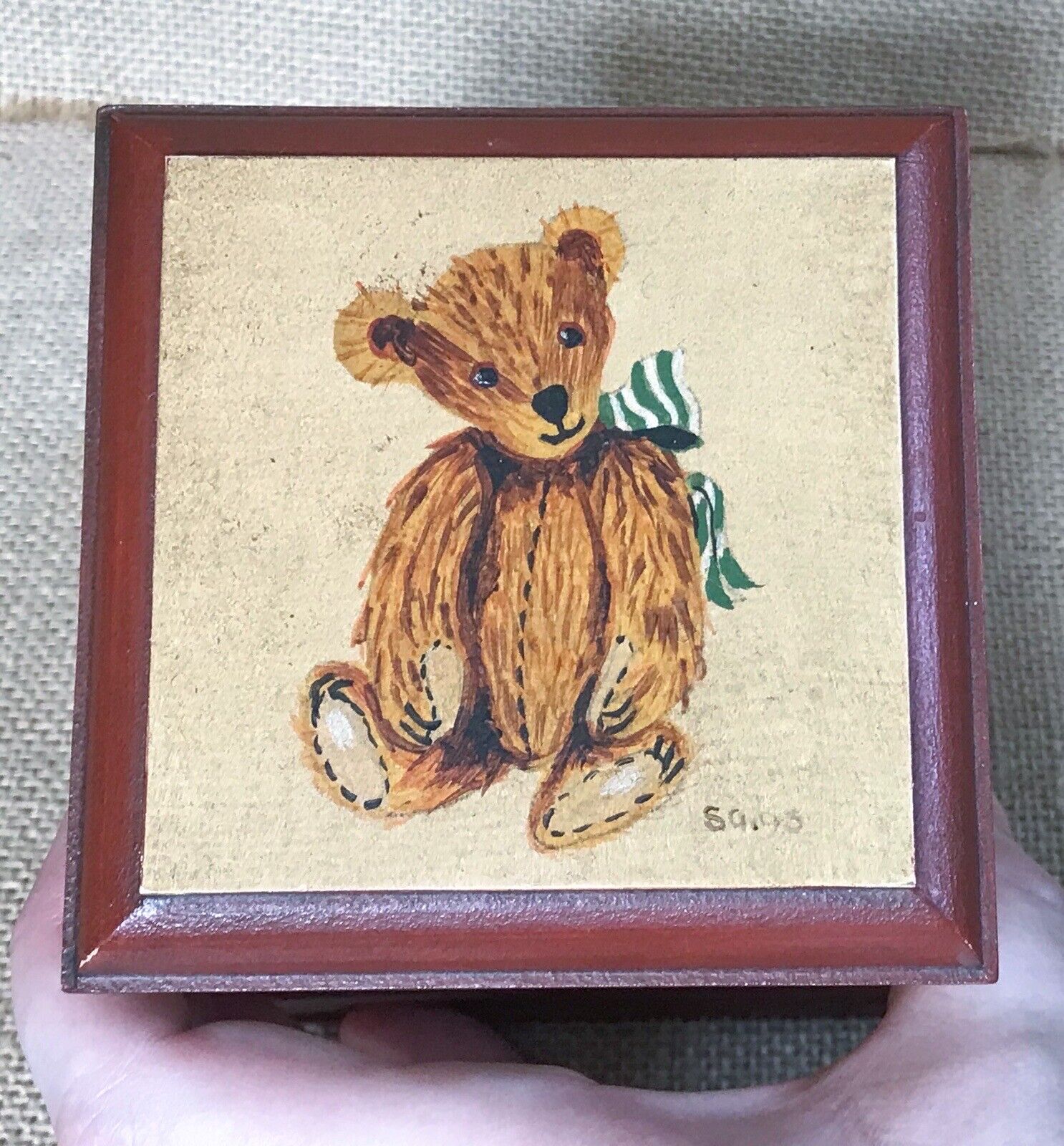 Vintage Rustic Hand Crafted Painted Teddy Bear Small Wood Trinket Jewelry Box