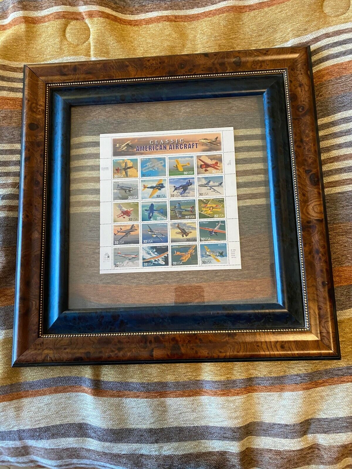 Classic American Aircraft Stamp Set in a Burl wood Frame 17X17