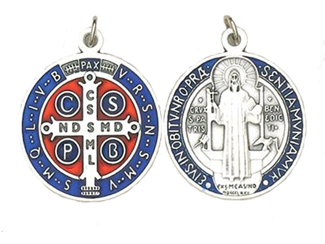 St. Benedict Medal Blue Enameled Silver-Tone 1-1/4 Inches