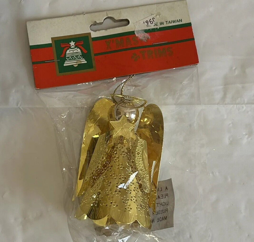 Vintage Xmas Trims Angel Christmas Ornament Light Cover Gold Tone Taiwan NOS NIP