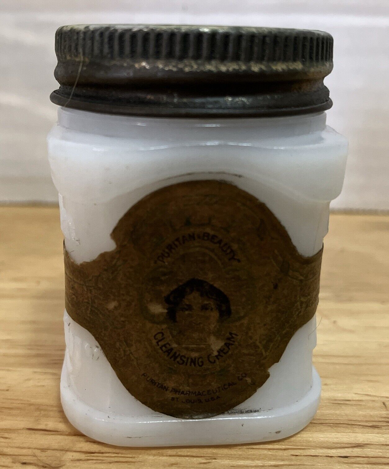 Milk Glass Puritan Beauty Cream Jar with Lid , Vintage 1920s-30s