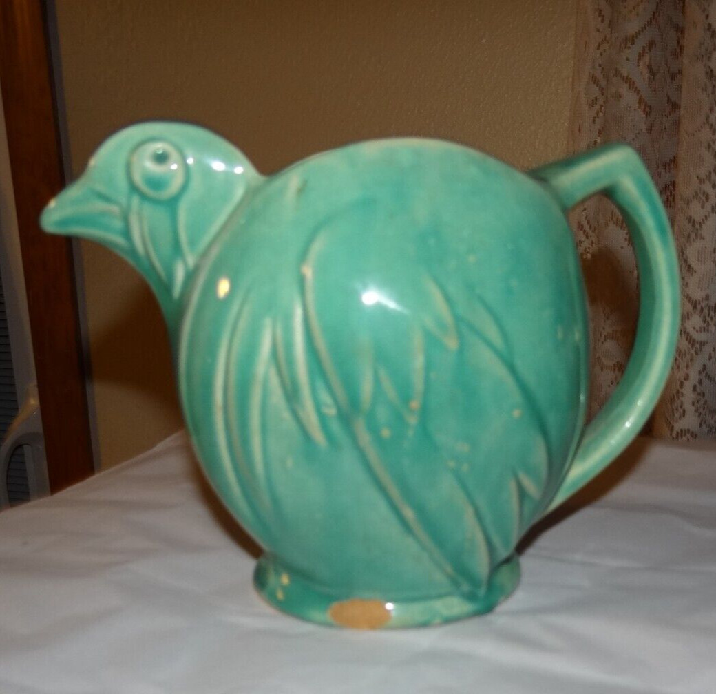 1940's Vintage McCoy Teal Aqua Green Pottery Figural Bird Chicken Pitcher chip