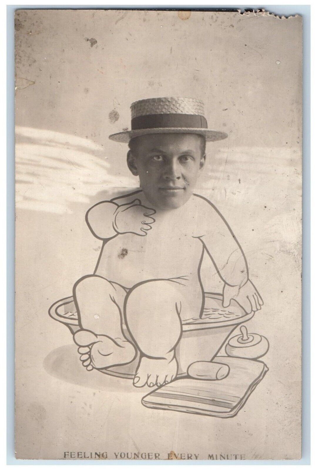 c1910\'s Funny Caricature Man Baby Hat Bath Pacifier RPPC Photo Unposted Postcard