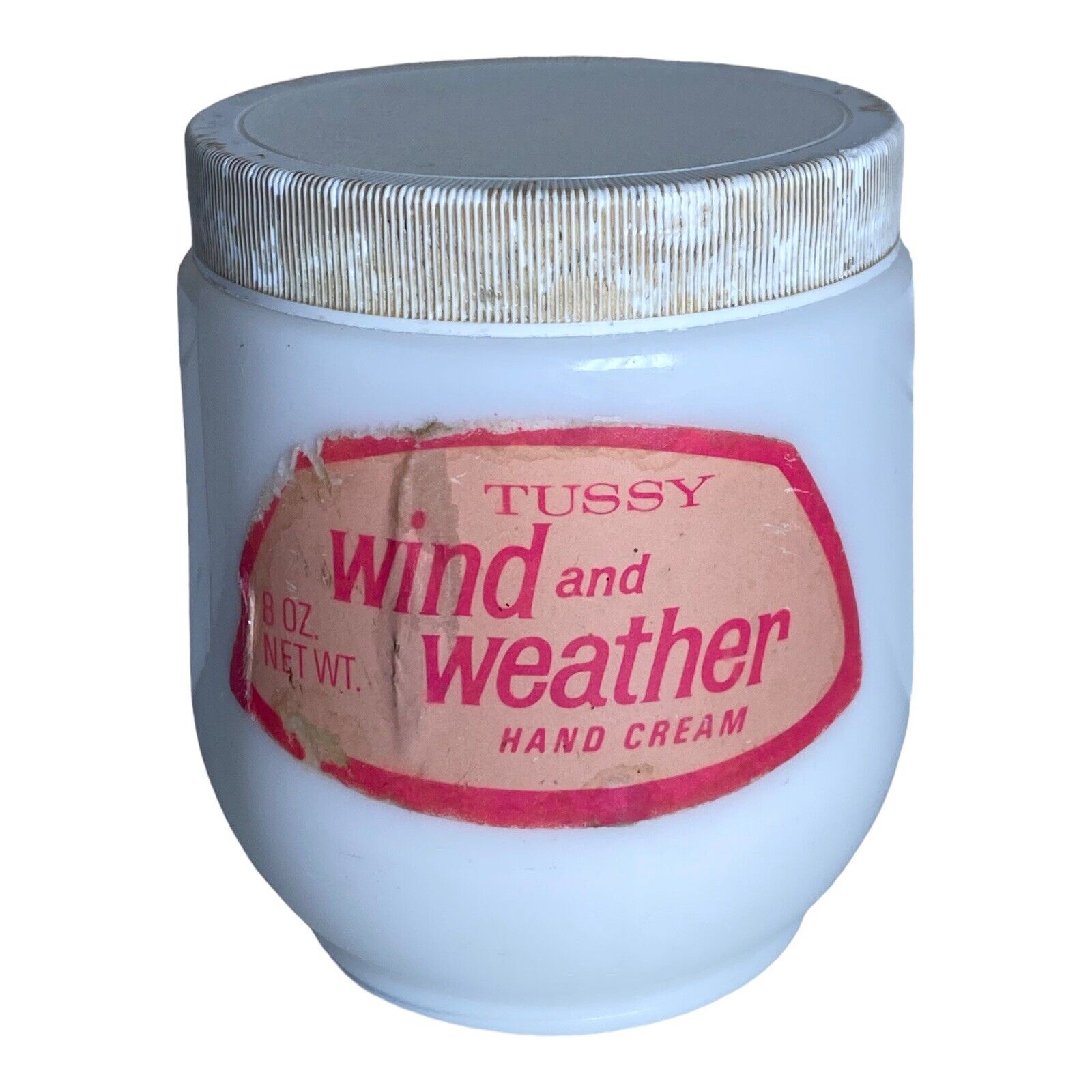 VTG RARE 1960s Cosmetics TUSSY Wind & Weather Hand Cream Milk Glass Jar Prop 8oz