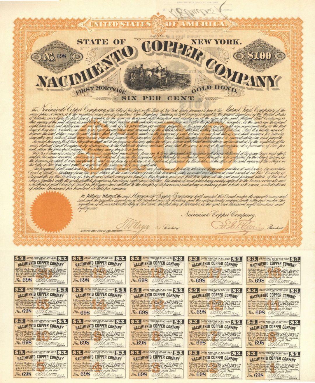 Nacimiento Copper Co. - 1881 dated $100 New Mexico Mining Bond (Uncanceled) - Go