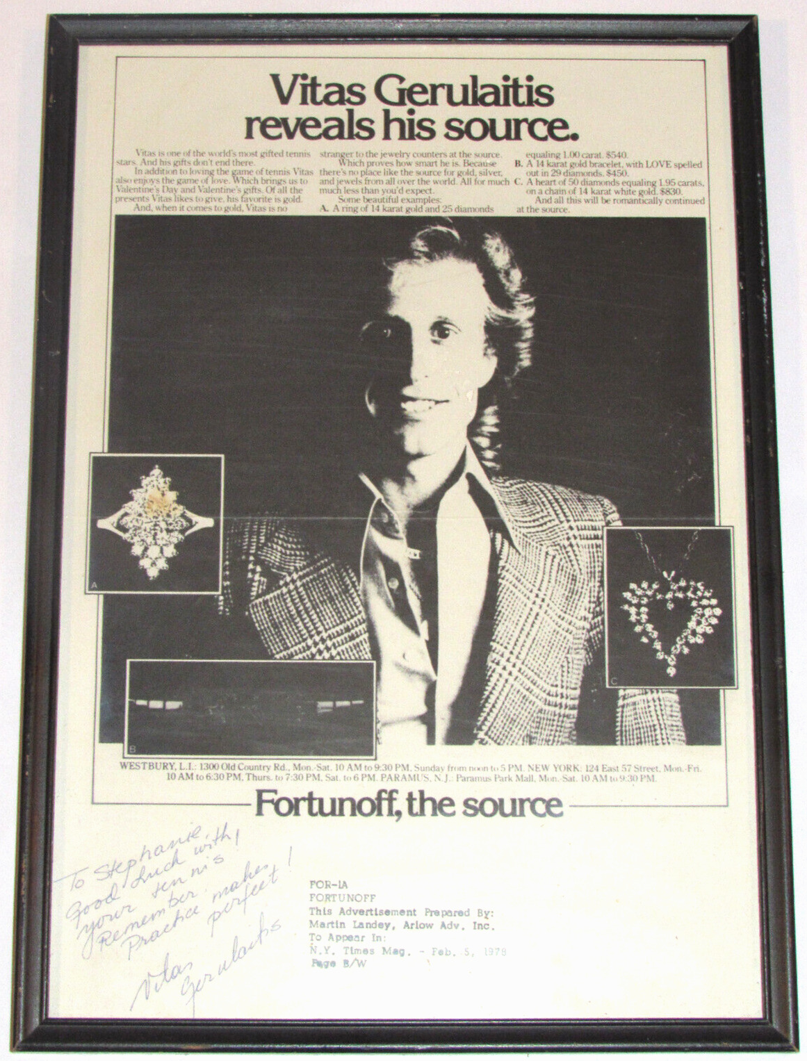 VINTAGE 1978 'VITAS GERULAITIS' TENNIS STAR SIGNED FORTUNOFF JEWELRY ADVERTISING
