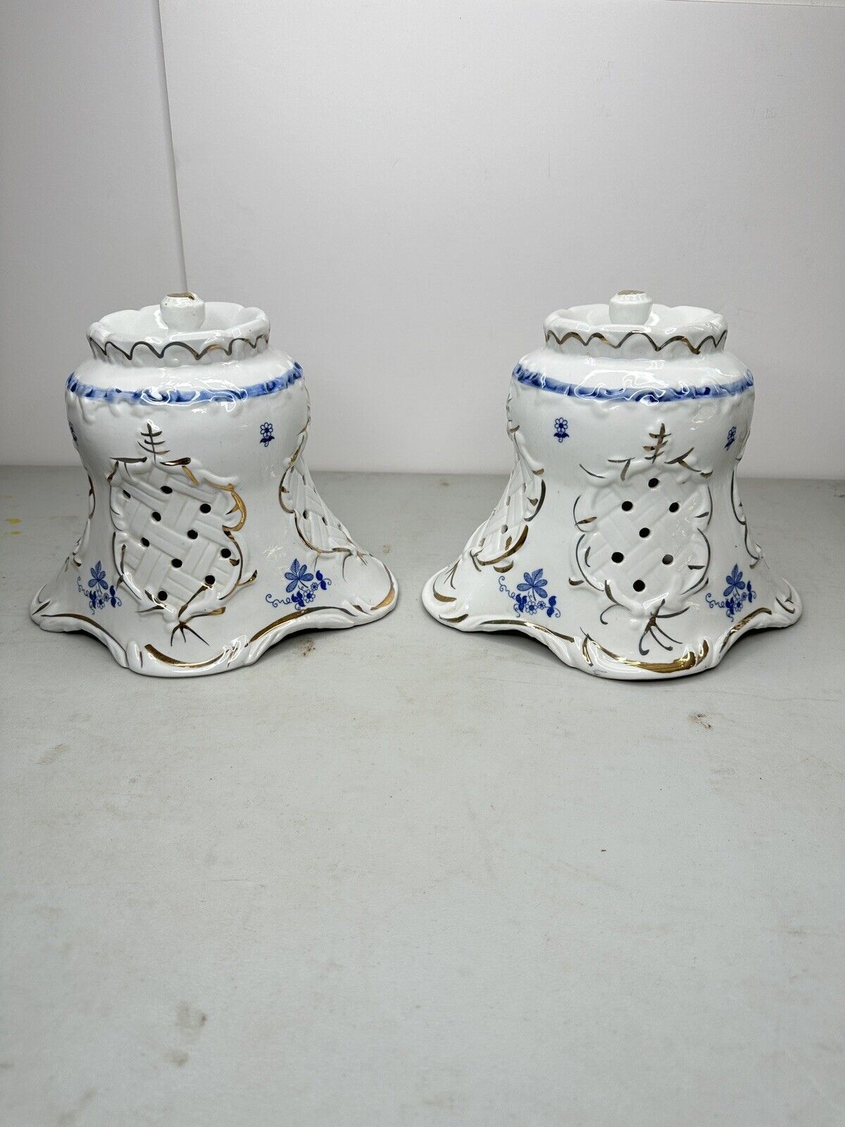 PAIR Antique Vtg White Blue Unicorn Goddess Lamp Shade Set 2 Porcelain Romantic