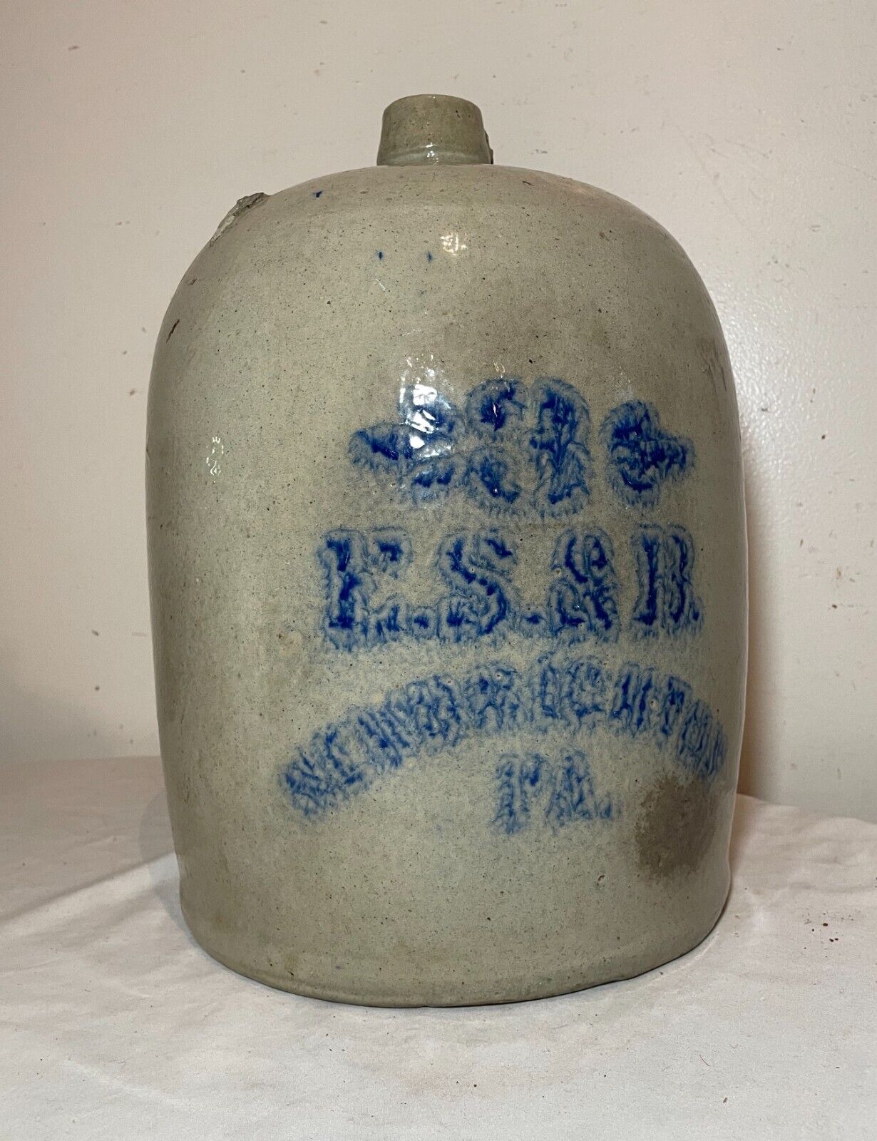 Antique 1800\'s E.S. & B. New Brighton 3 stoneware salt glazed cobalt pottery jug