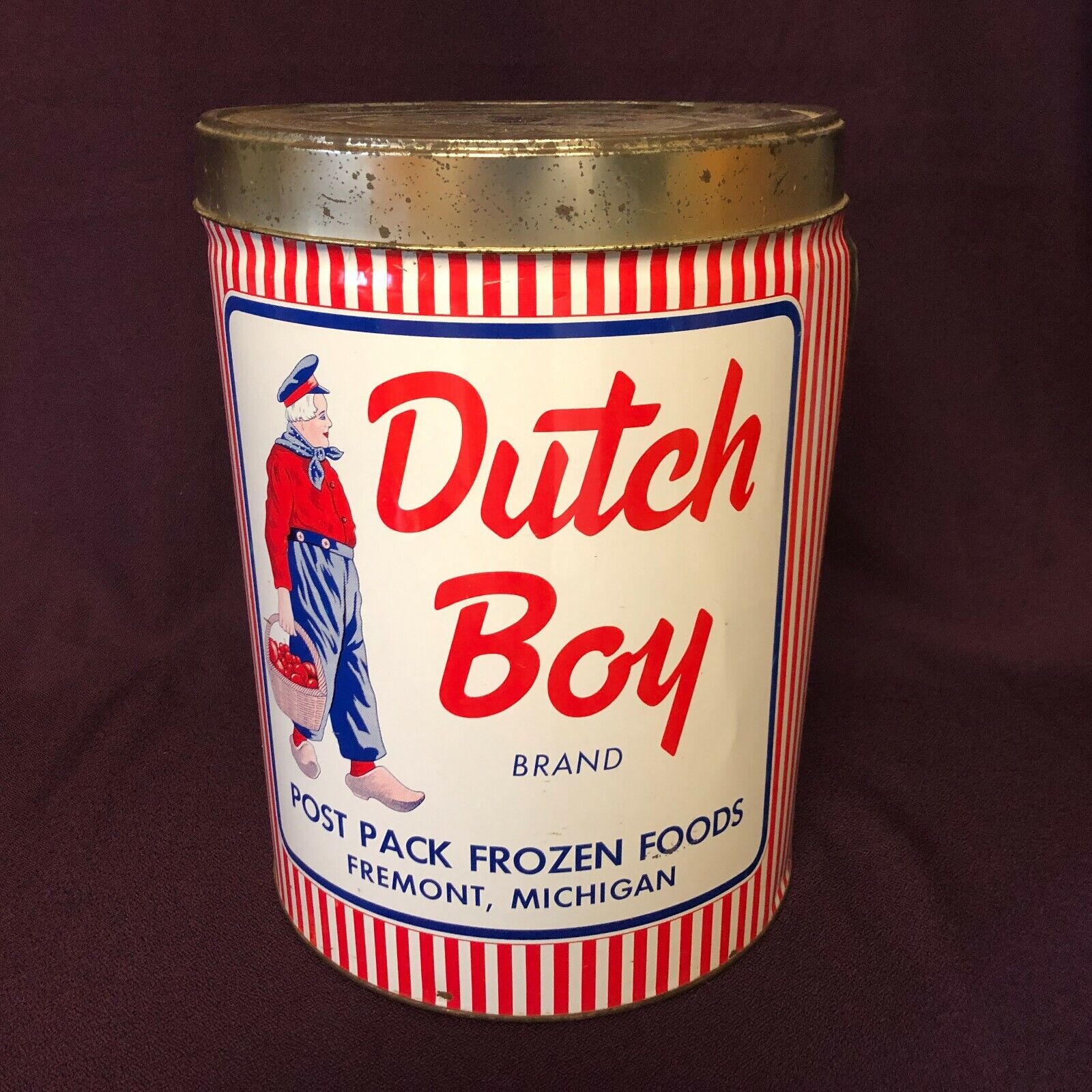 DUTCH BOY Brand Post Pack Frozen Foods Fremont Michigan Large Tin Great Graphics