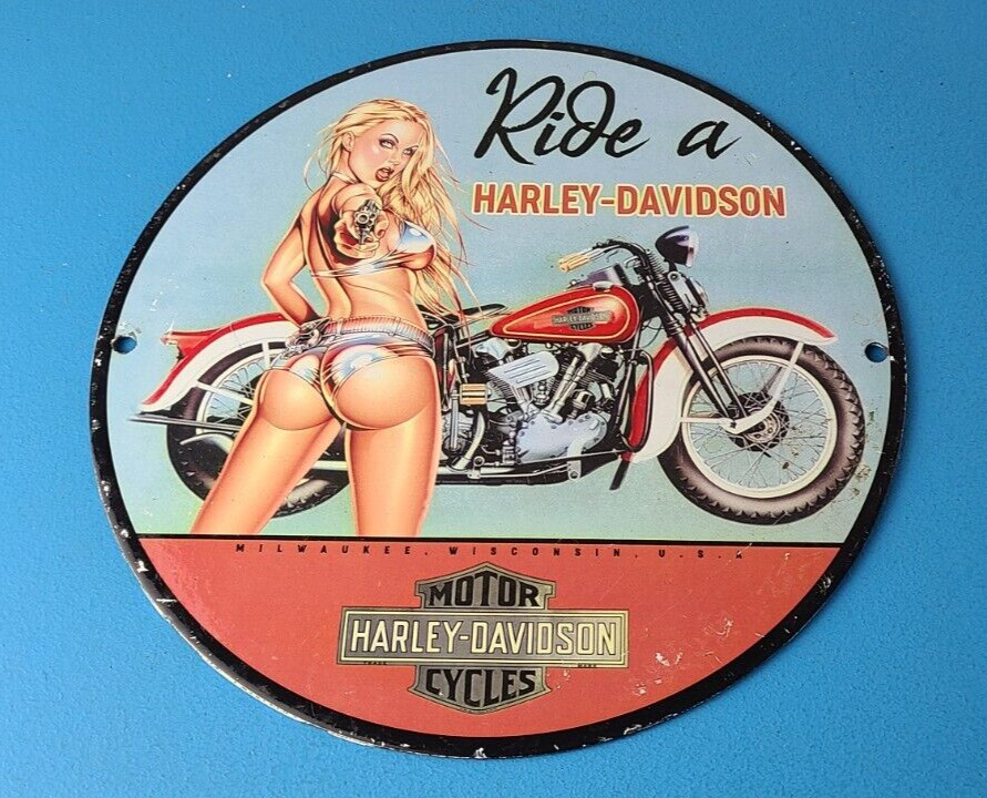 Vintage Harley Davidson Motorcycles Sign - Biker Girl Gas Pump Porcelain Sign