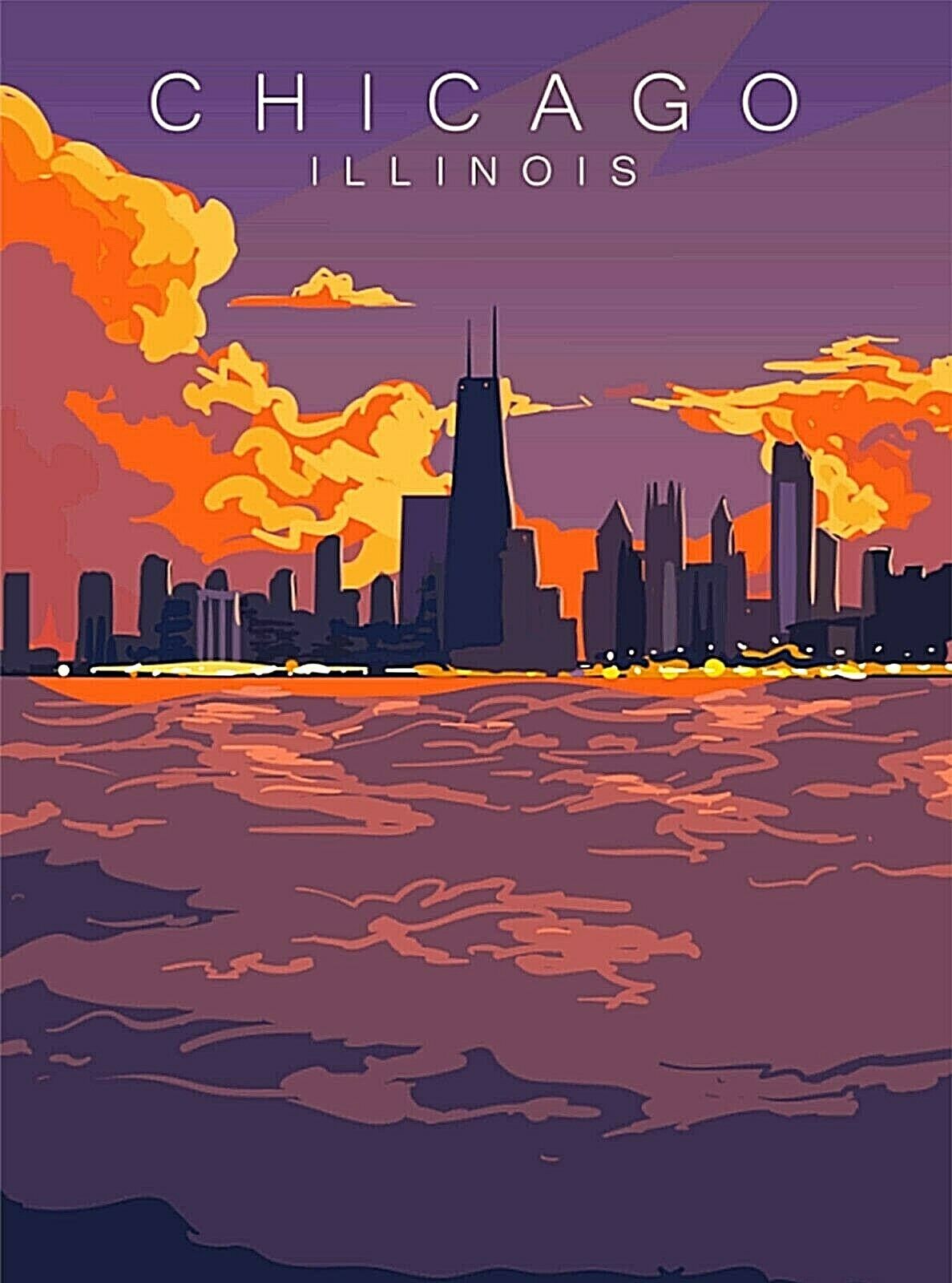 Chicago Illinois at sunset Retro Travel Art Deco Poster Print