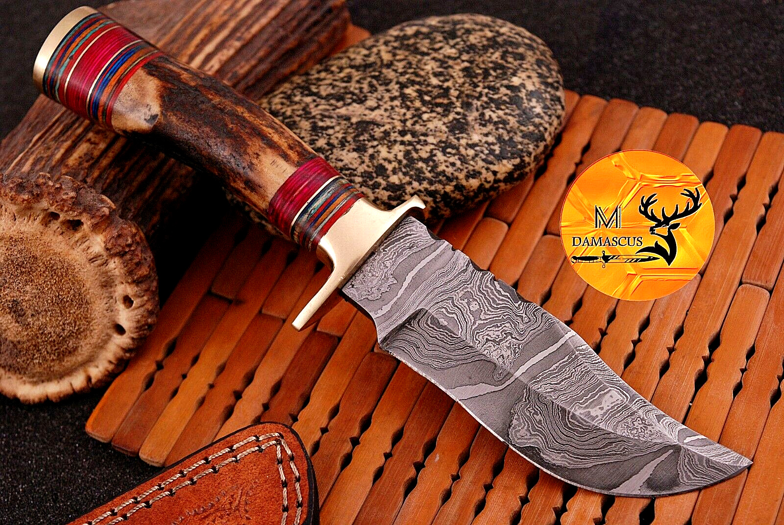 CUSTOM MADE HAND FORGED DAMASCUS HUNTING KNIFE STAG ANTLER HANDLE 1176