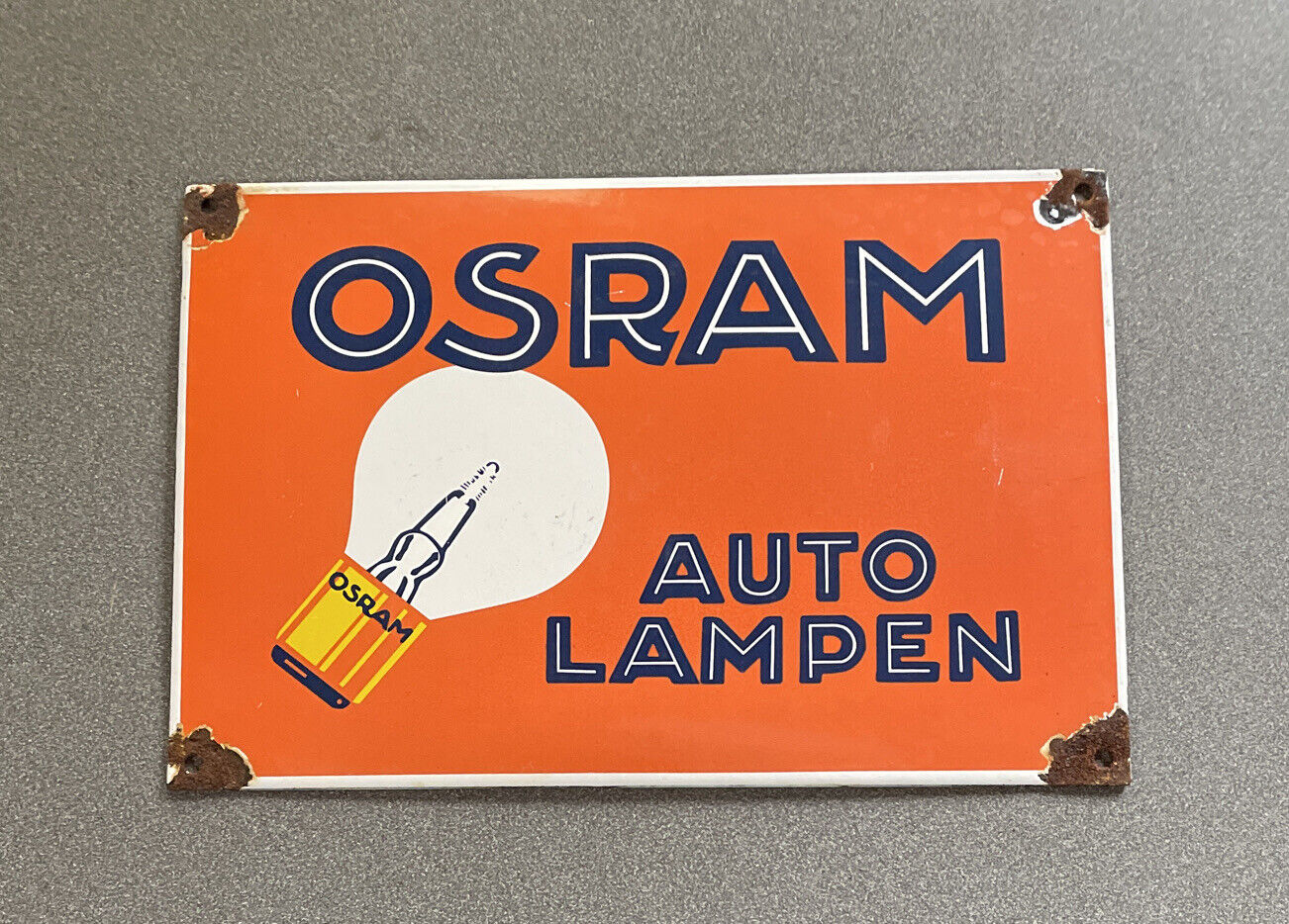 VINTAGE OSRAM AUTO LAMPS 12” PORCELAIN SIGN CAR GAS OIL TRUCK