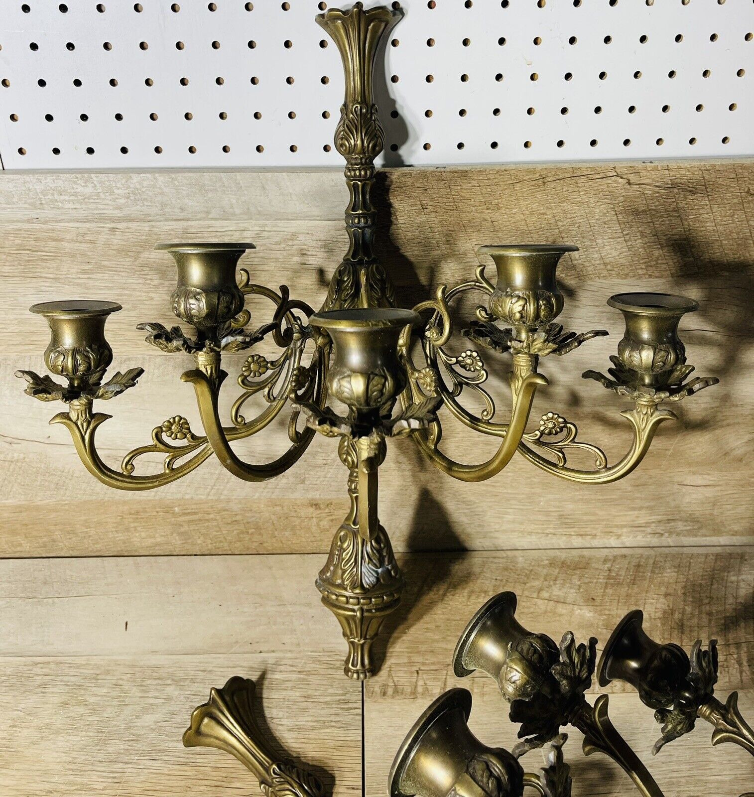 VTG Antique Baroque Style Large Solid Brass 5 Candle Wall Sconce Pair