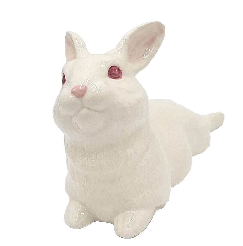 Vintage DUNCAN White Bunny Pink Eyes Resting Ceramic Spring Easter Decor