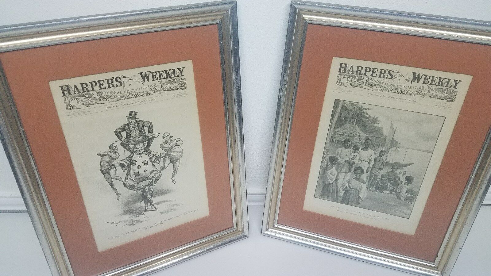 2 AUTHENTIC ORIGINAL 1899 HARPERS WEEKLY FRAMED PAGES. ART GALLERY QUALITY