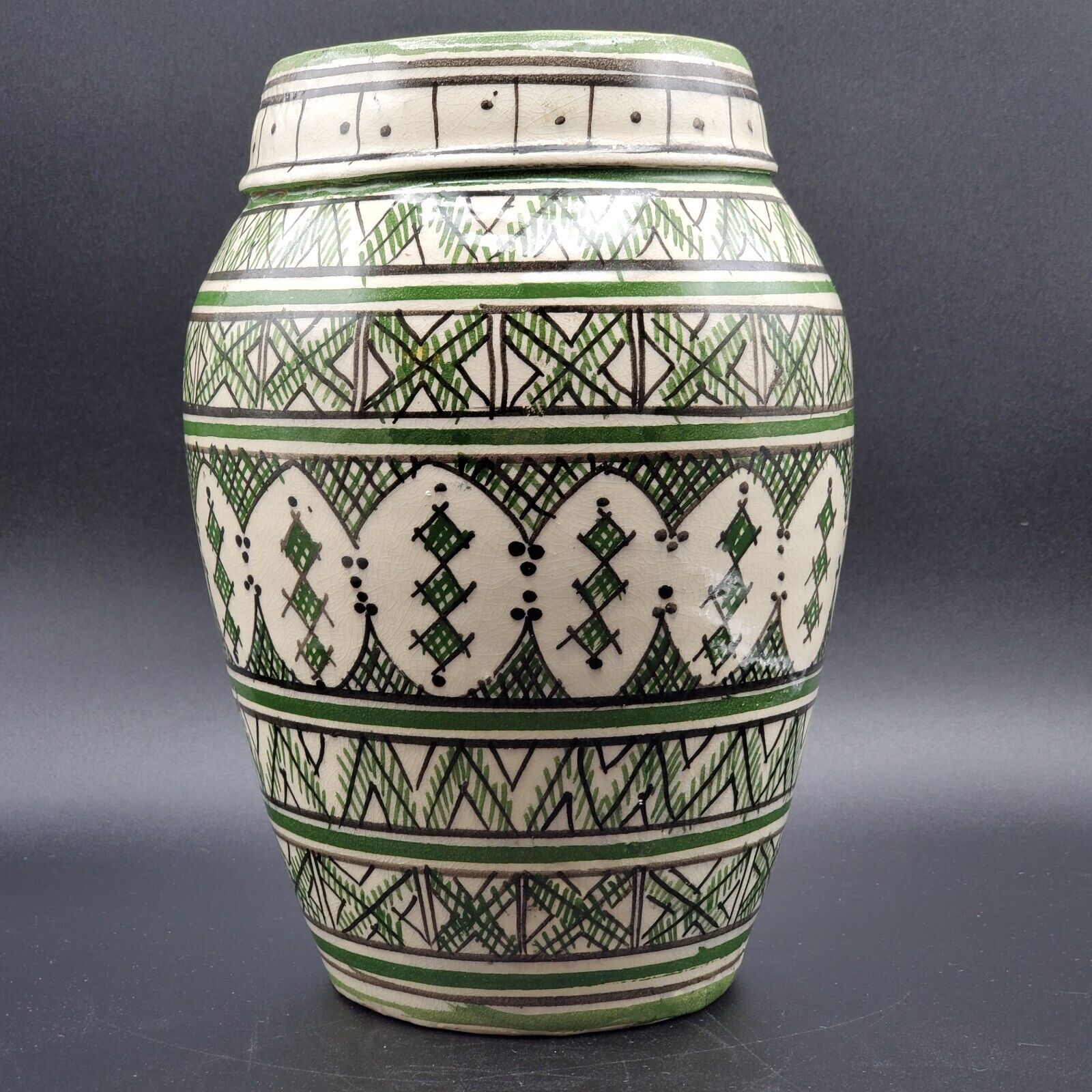 Vintage Morocco Ceramic/Pottery Vase in Green & White Signed Safi 9.5\
