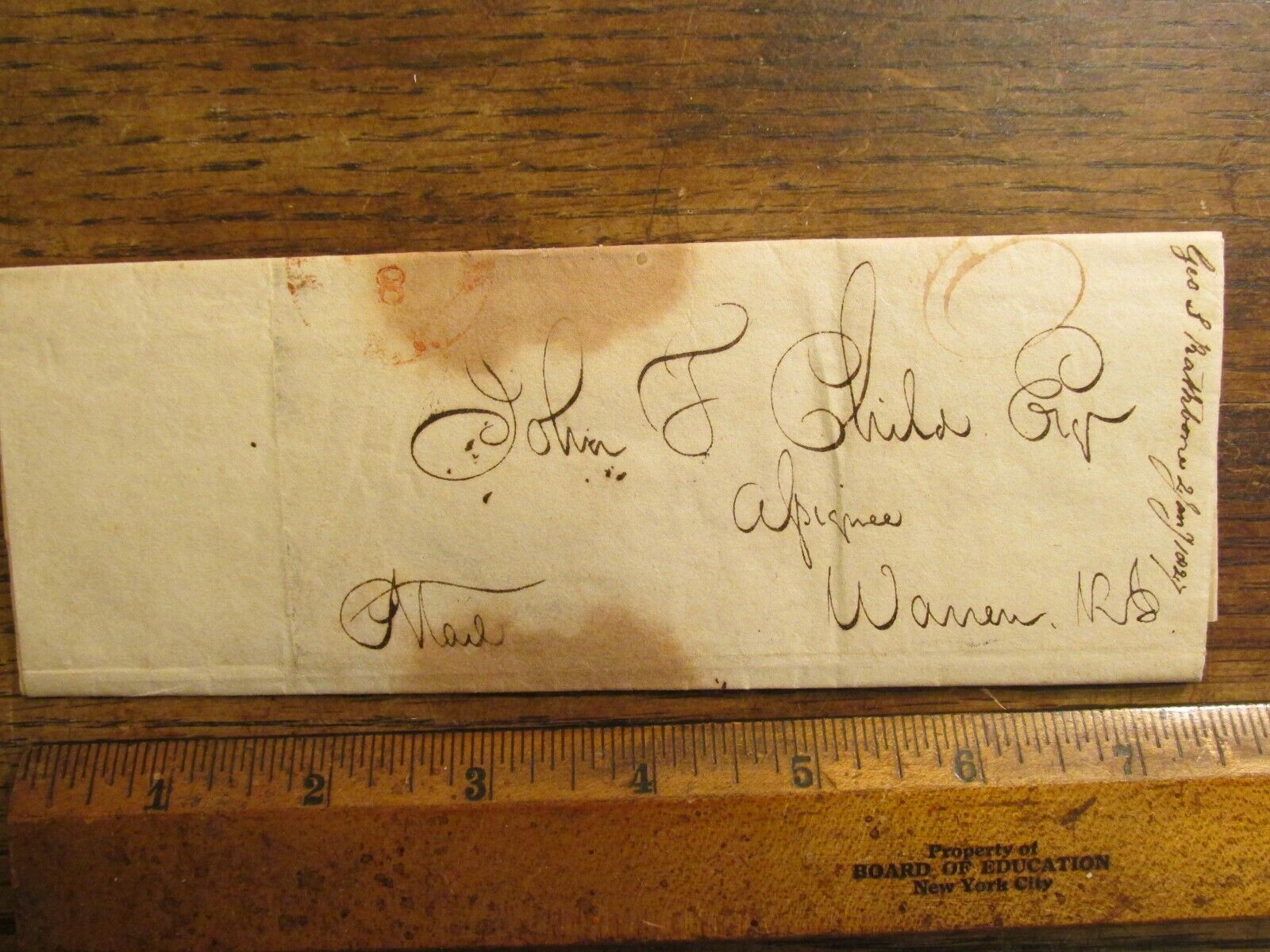 Antique 1827 Stampless Letter to John Childs Esq Warren RI from George Rathbone
