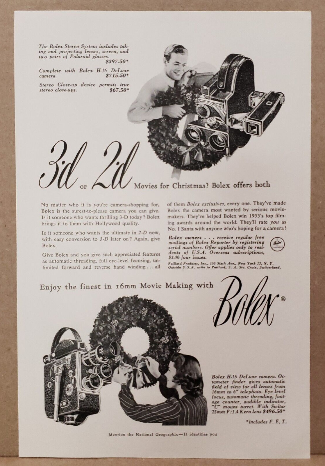 1953 Bolex 3D 2D Camera Print Ad 16mm Movie Making