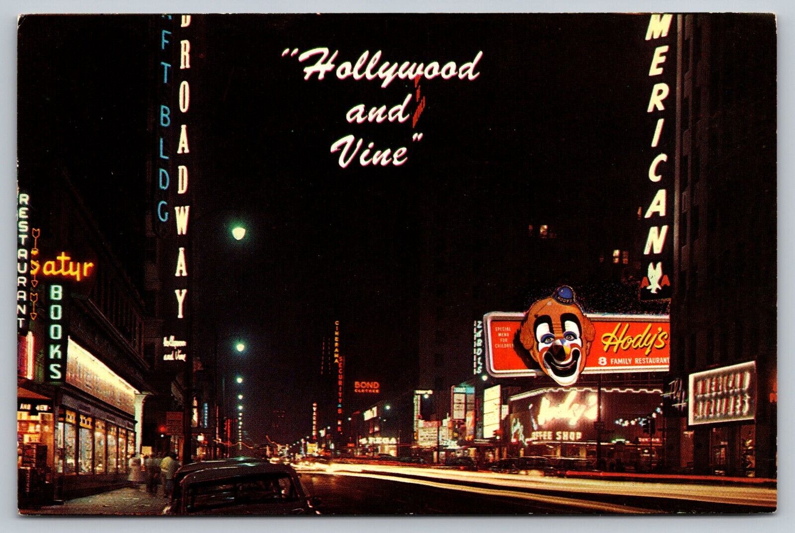 Postcard Night Scene Hollywood & Vine Streets Hollywood California A14