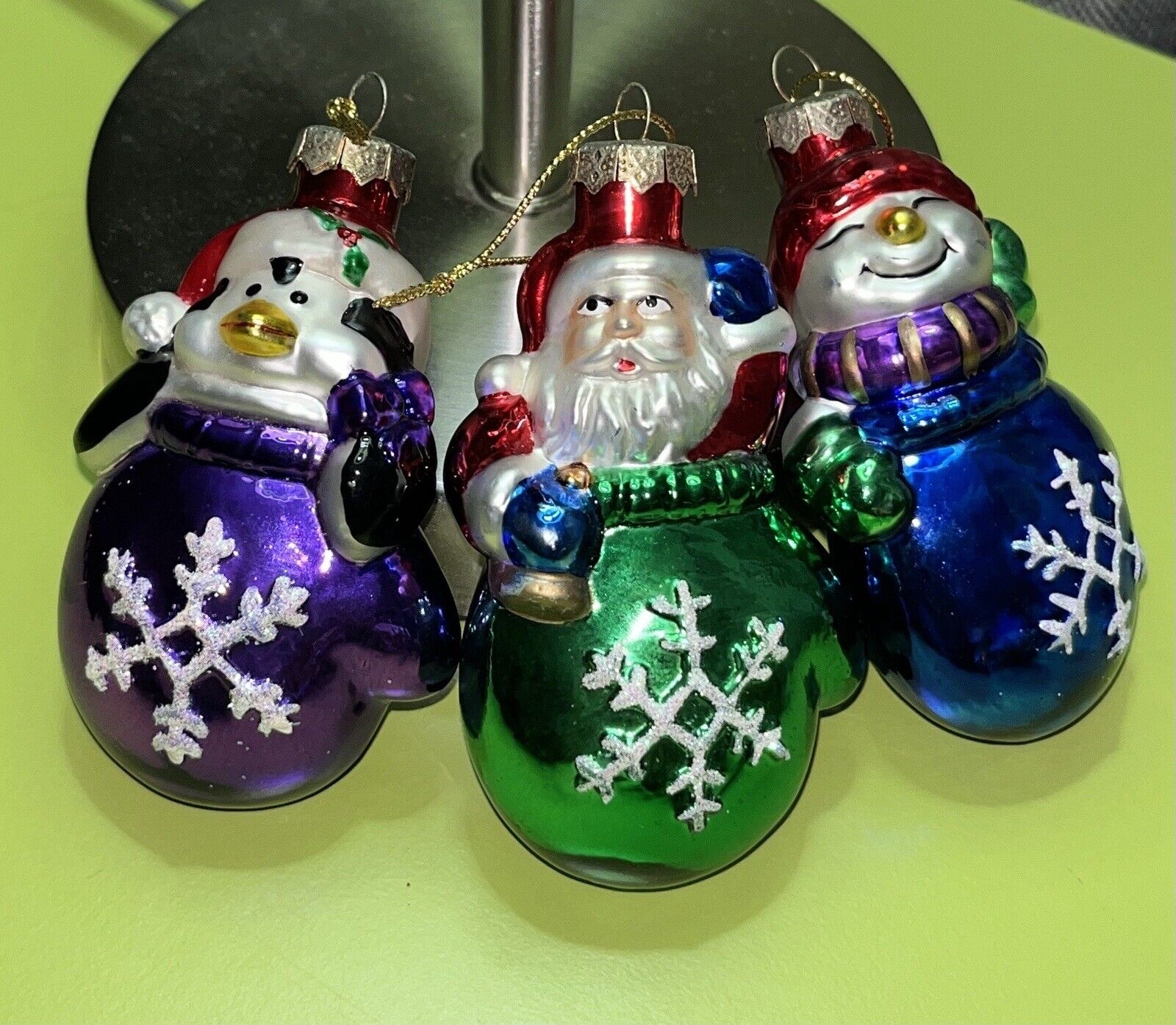 Vintage Set/3 Hand Painted Glass Christmas Ornaments Penguin Snowman & Santa