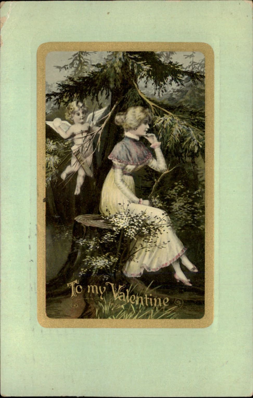 Valentine ~ Cupid behind Edwardian woman ~ fashion ~ 1912 E Cramer Oriskany NY
