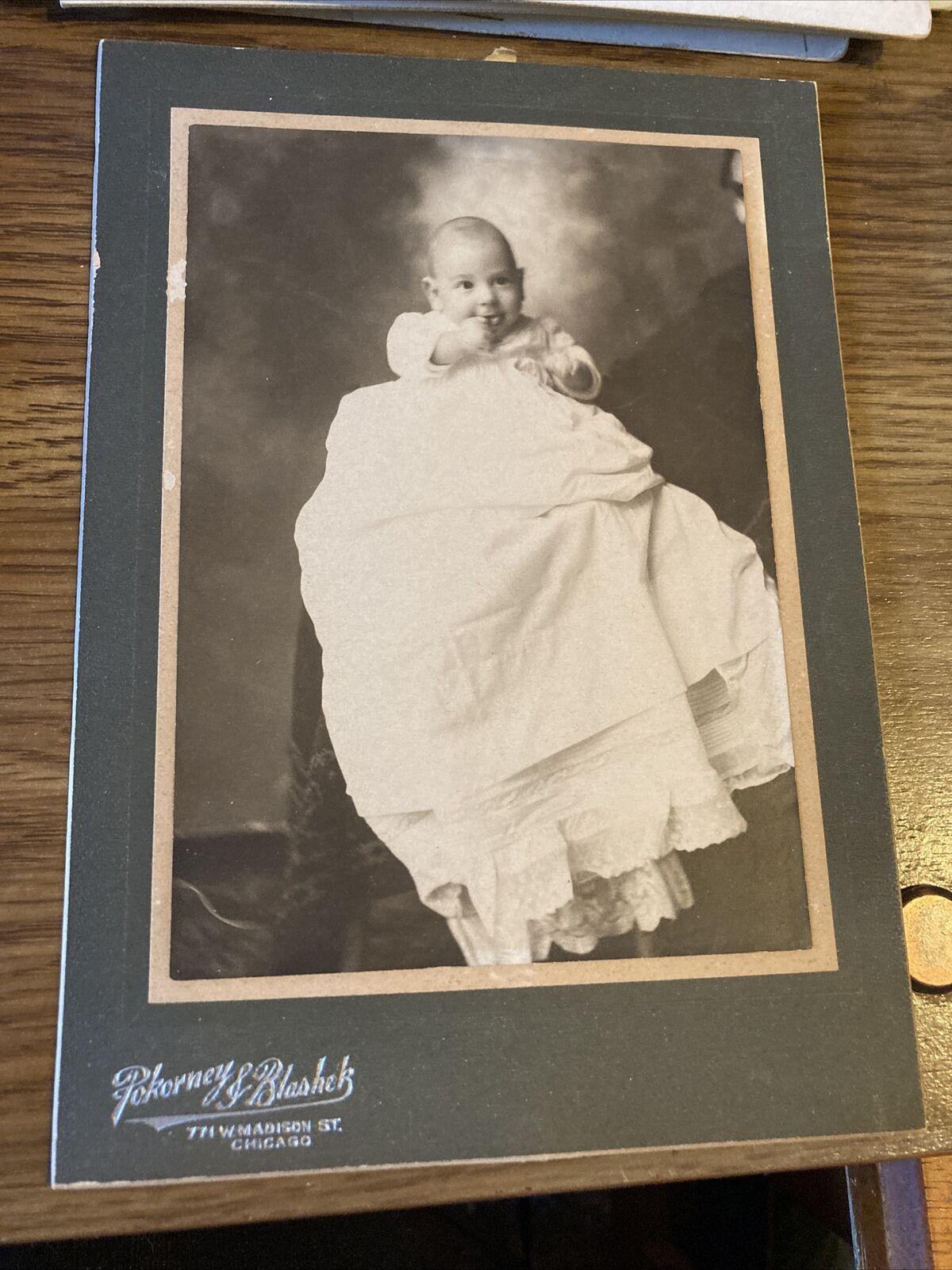 Antique Cabinet Card Photo Pokorney & Blashek, Chicago - Infant Baby in Gown