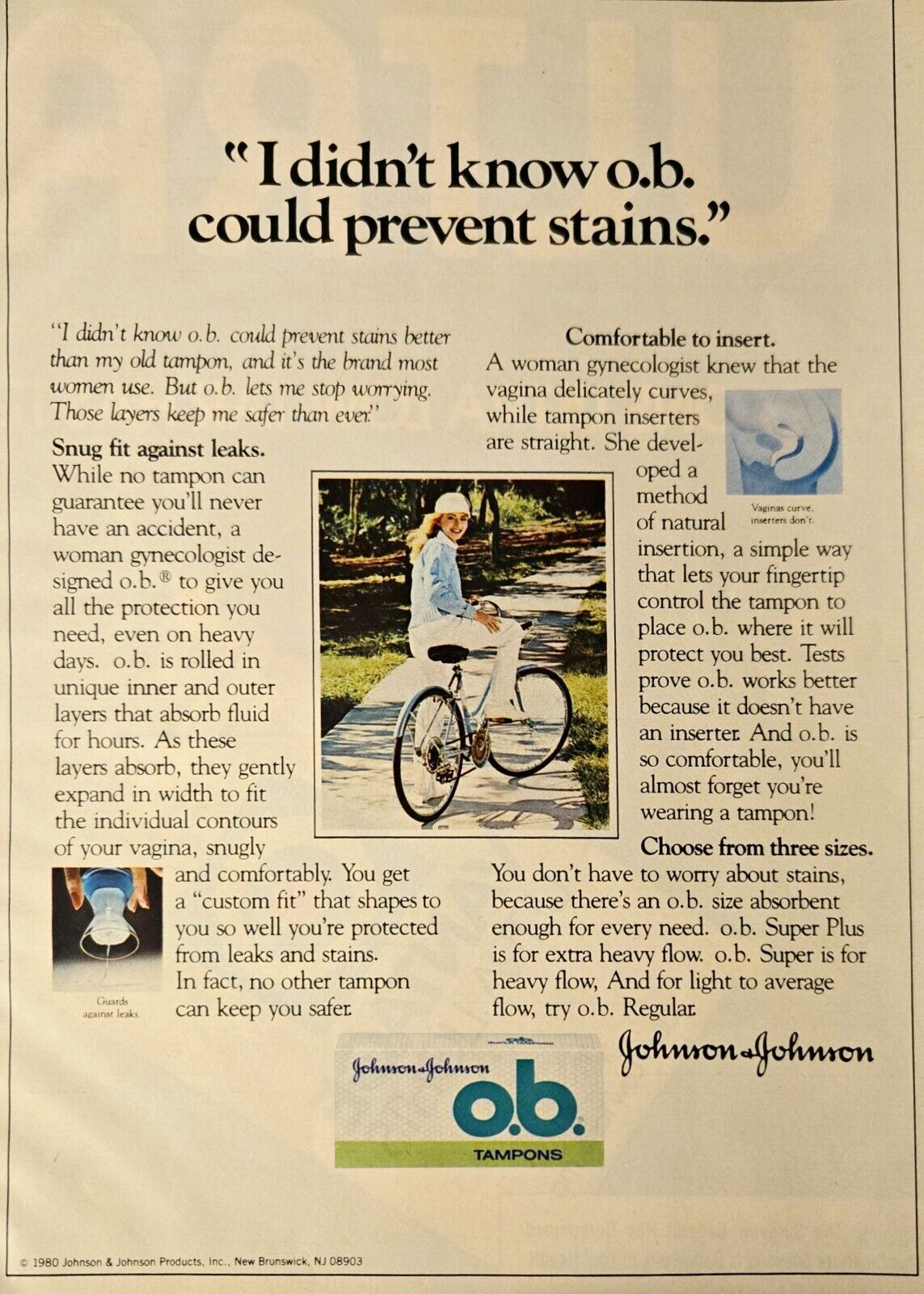 Johnson & Johnson OB Tampons Vintage 1980 Print Ad Woman On bicycle No Stains 