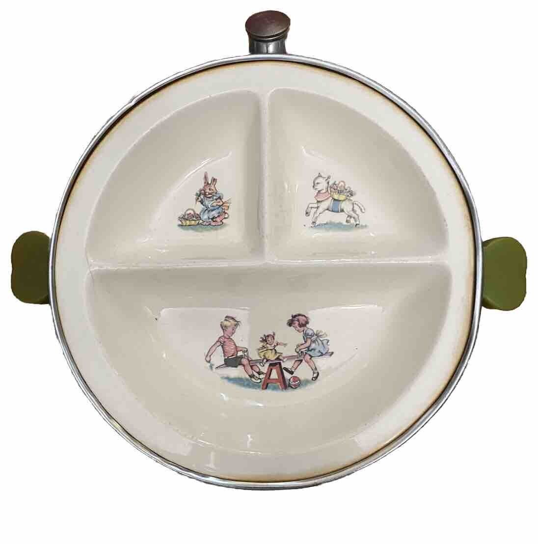 Antique Vintage Majestic Baby Boy Food Warming Dish Porcelain And Bakelite