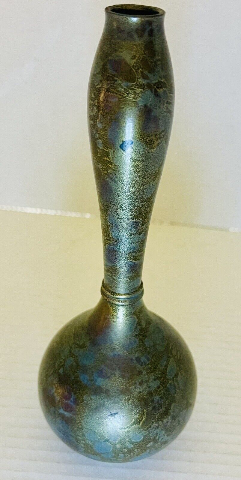 VTG Pre-war Japanese Mottled Blue and Gold Bronze Takaoka Vase 8.5”X 3.25
