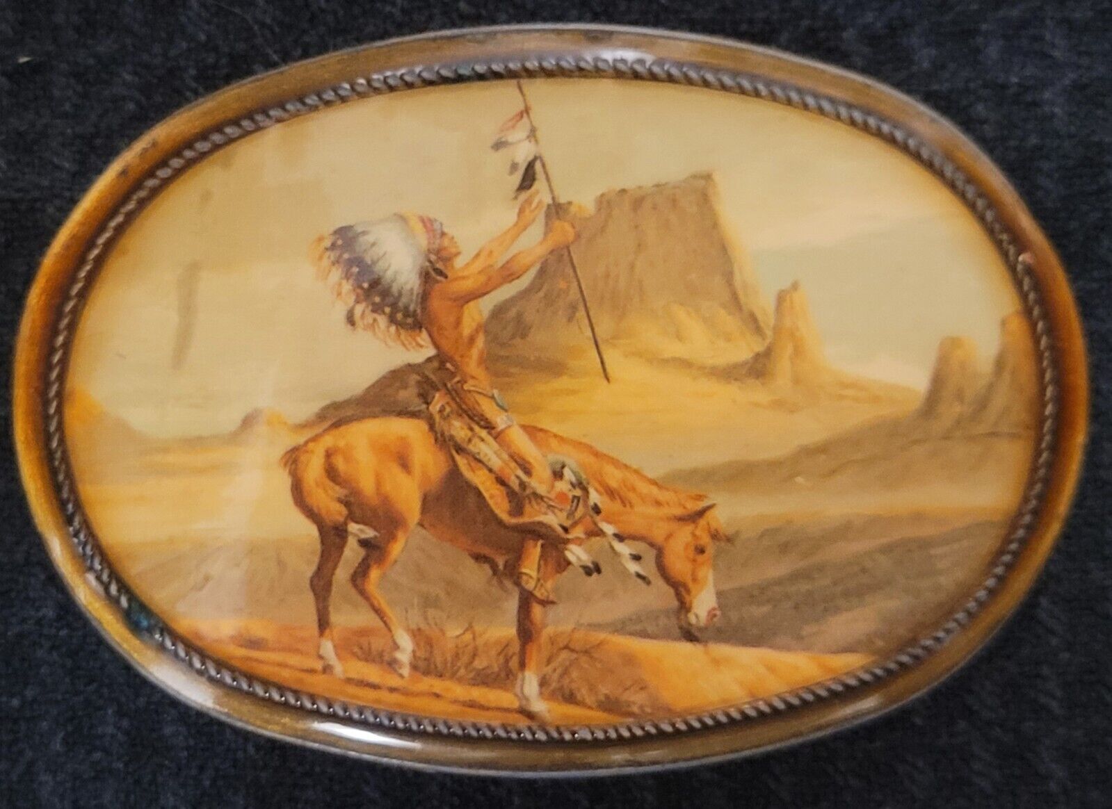 Rare Native American Indian Belt Buckle on Horseback Marked 1976 Pacifica LA CAL