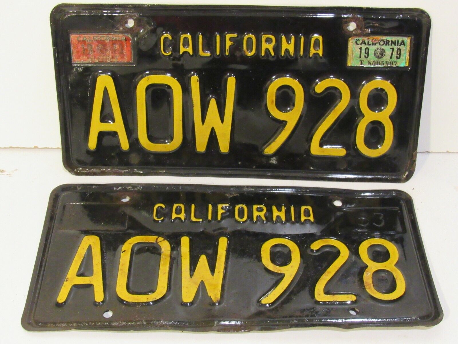 Vintage 1963  Black and Yellow California License Plates Pair AOW 928 Metal