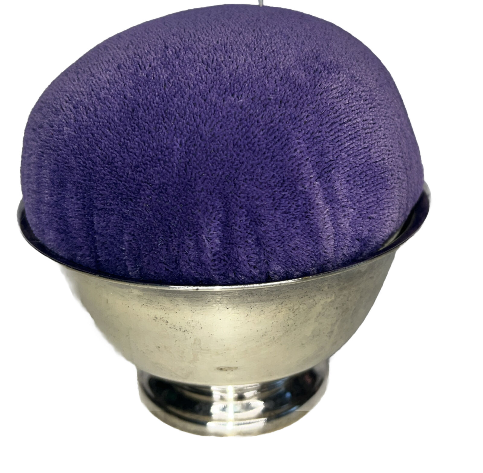 Vintage Silver Plated Pin Cushion In BartonPaul Revere Bowl Purple Velvet