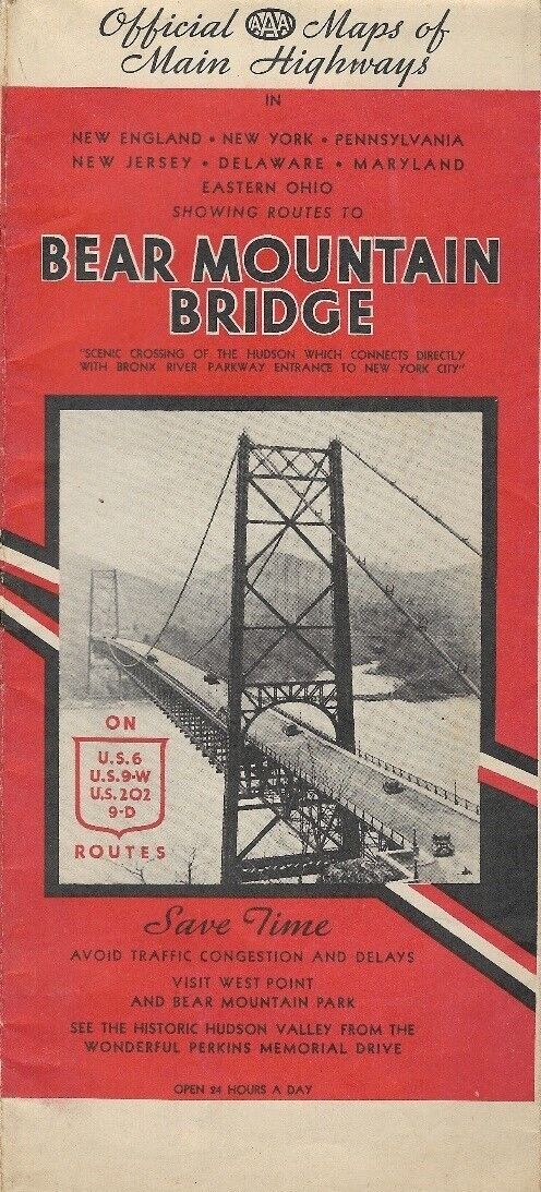 Vintage 1936 BEAR MOUNTAIN BRIDGE Road Map New York Northeast West Point AAA