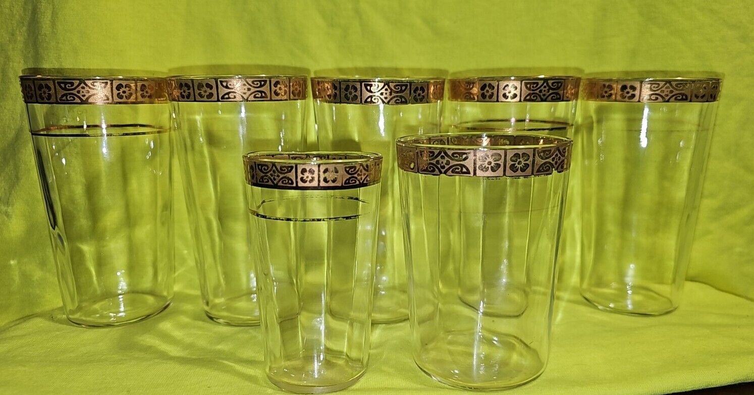 Vintage Stetson Gold Rim 7 Drinking Glasses 