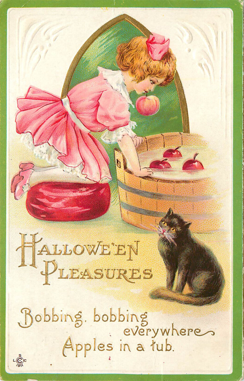Stecher Halloween Postcard 226 B Bobbing For Apples With Black Cat Embossed