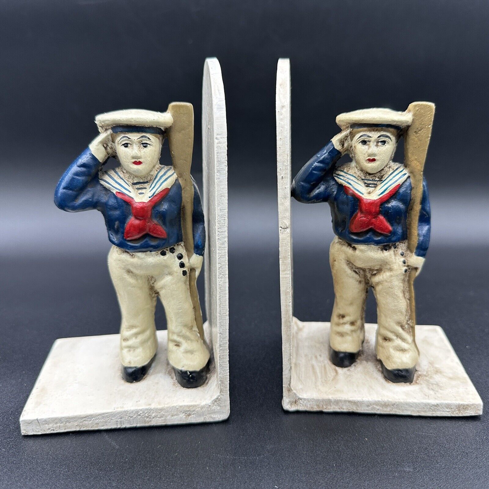 Vintage Cast Iron Saluting Sailor Bookends Hand Painted Nautical US Navy