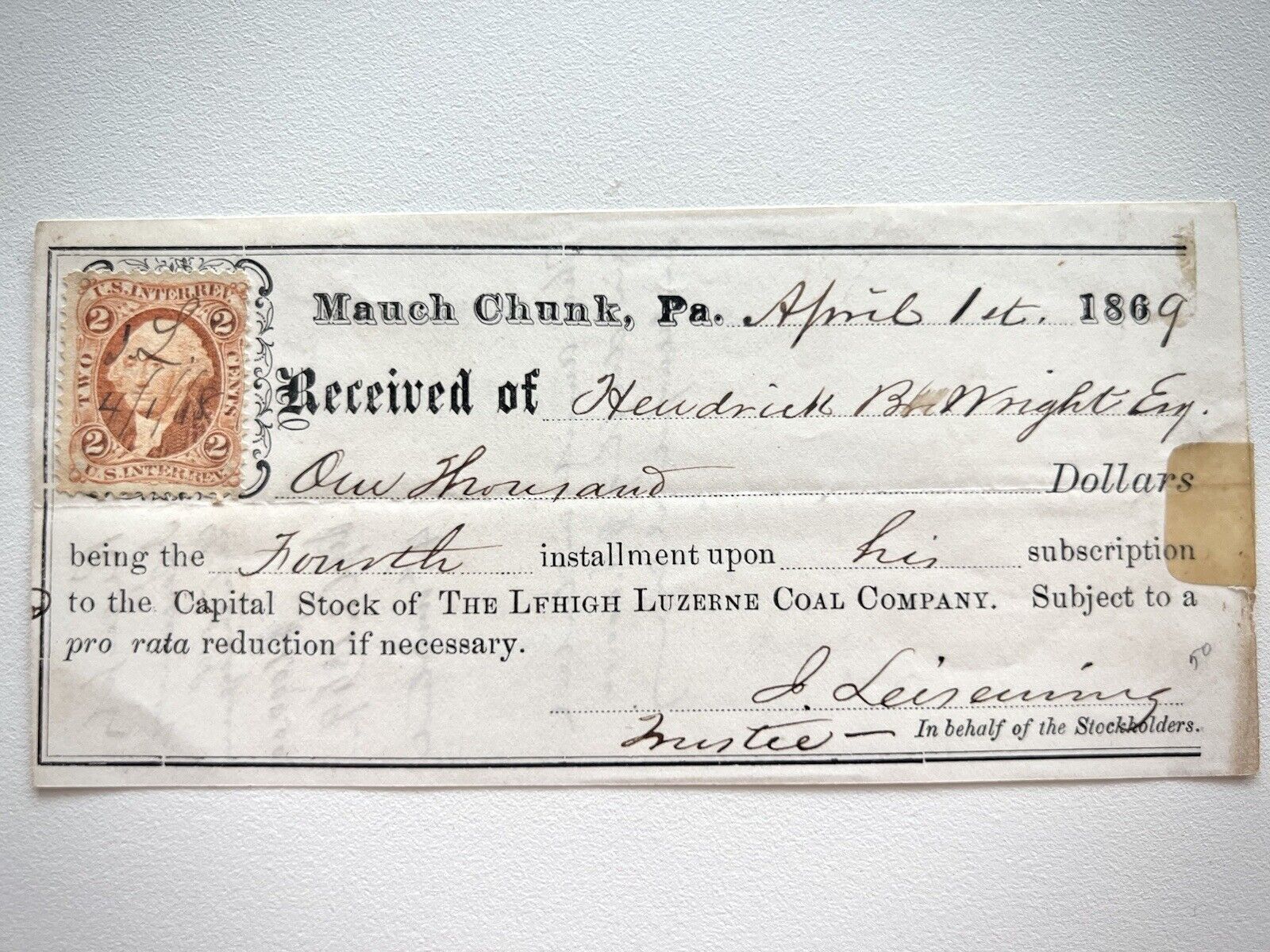 Antique 1849 Bank Check $1000 for Capital Stock with 2 cent Brown G. Washington