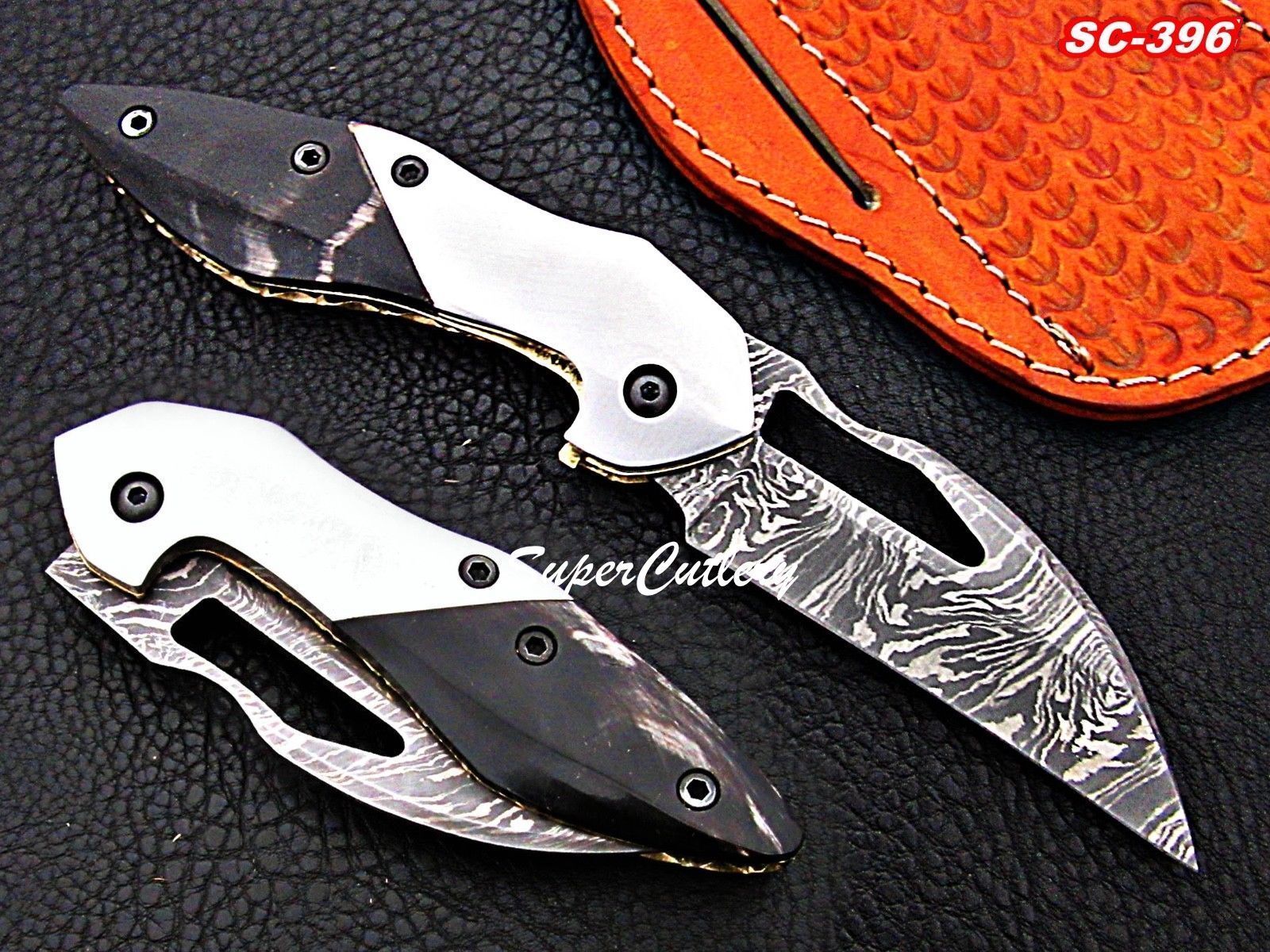 Genuine Hand Forged Damascus steel pocket Knife Buffalo Horn and D2 handle