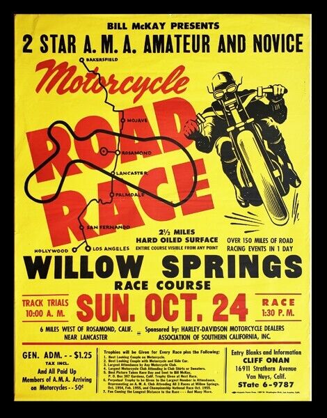 1955 Willow Springs California Raceway RARE Original Motorcycle Racing Poster