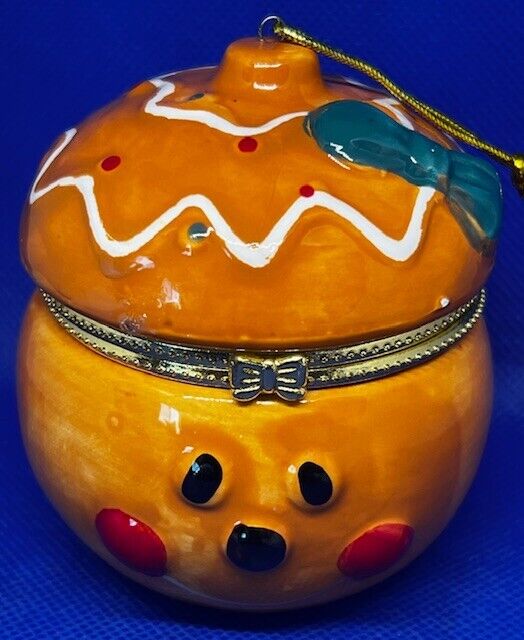 Vintage Porcelain Christmas Ginger Man Hinged Jewlery Trinket Box Ornament
