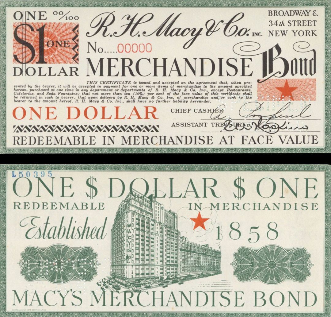 R.H. Macy and Co. Inc. $1 Bond - American Bank Note Specimen - American Bank Not