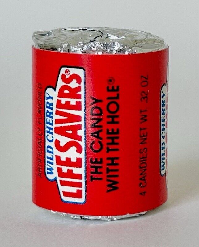 Vintage 1991 Planters LIFE SAVERS Mini Foil Roll 1” Candy Container WILD CHERRY