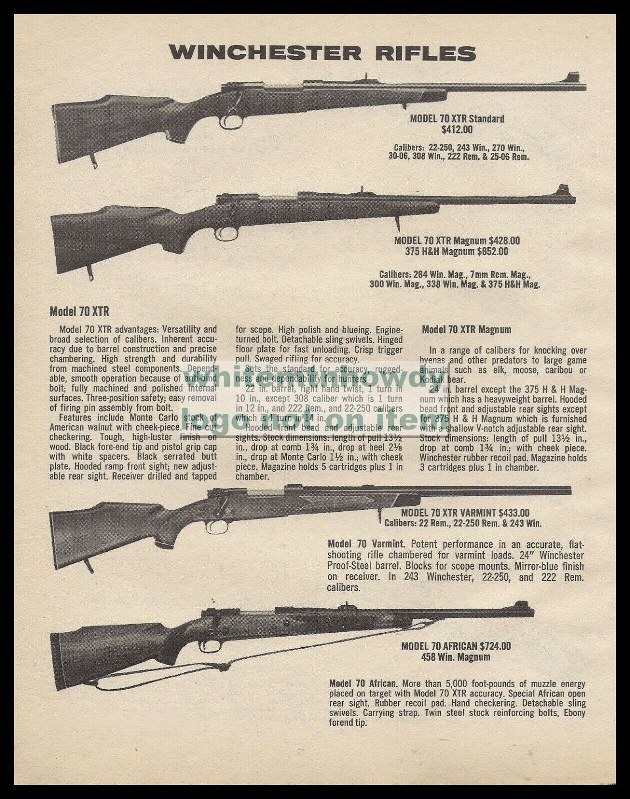 1982 WINCHESTER Model 70 XTR, Varmint, 70 African Rifle AD w/ original prices