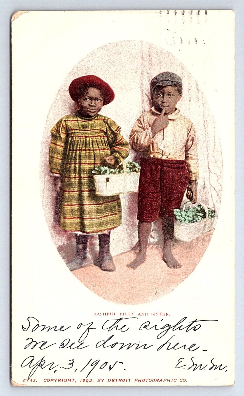 Postcard Bashful Billy & Sister African American Children Holding Flower Baskets